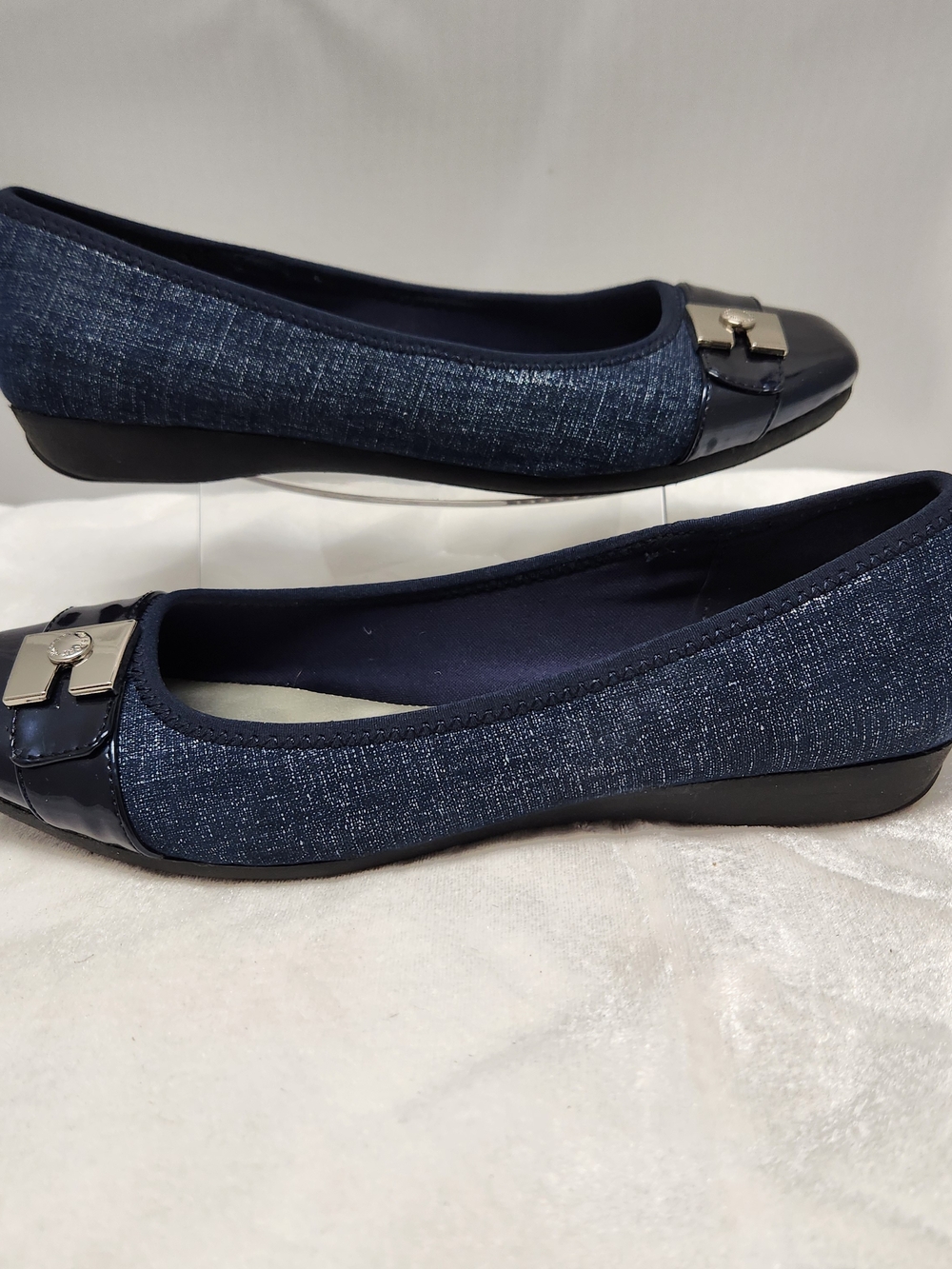 Anne Klein Navy Textured Ballet Flats with Silver Accent